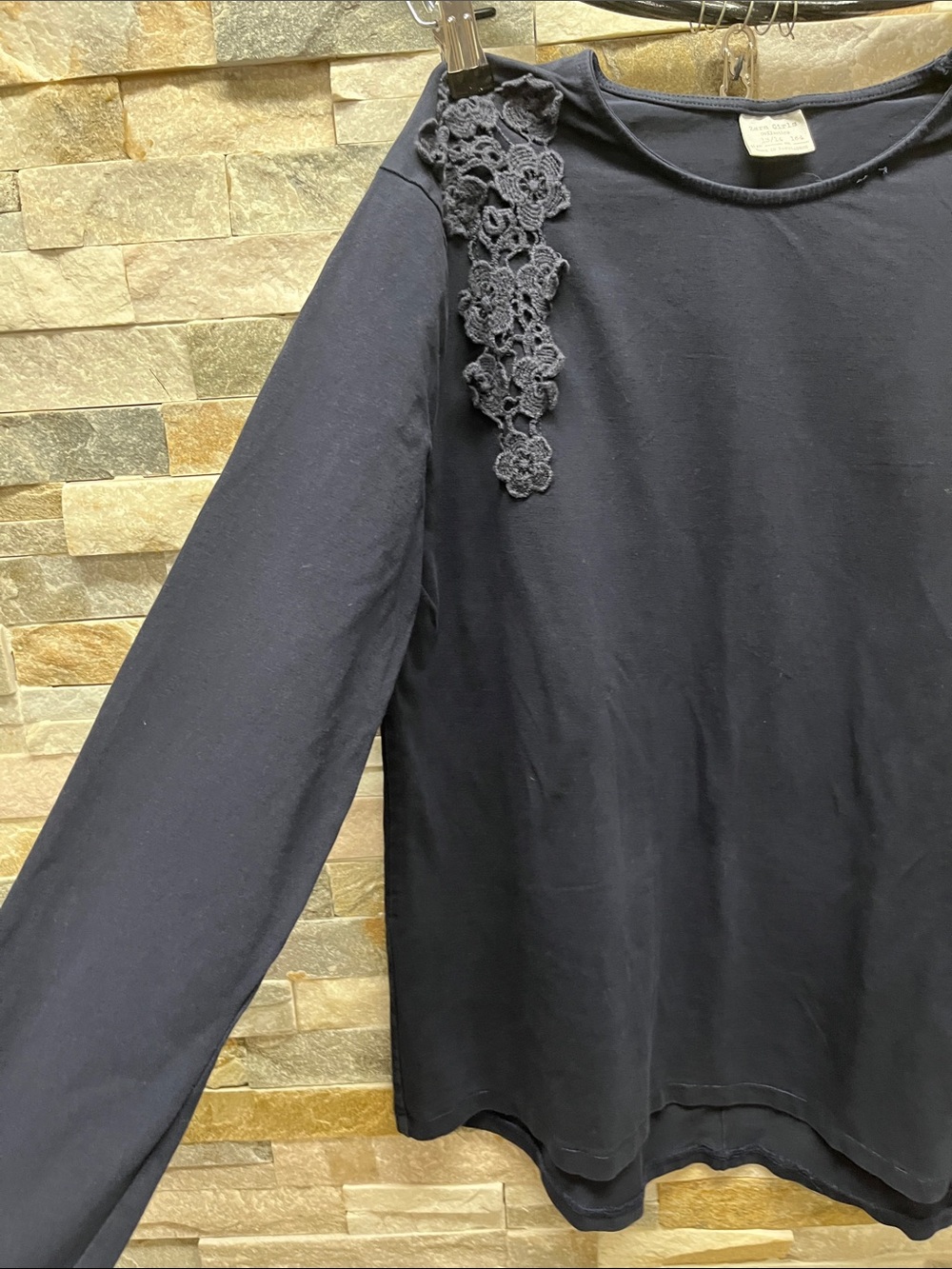 Zara Girls' Navy Long-Sleeve Top with Lace Shoulder Detail